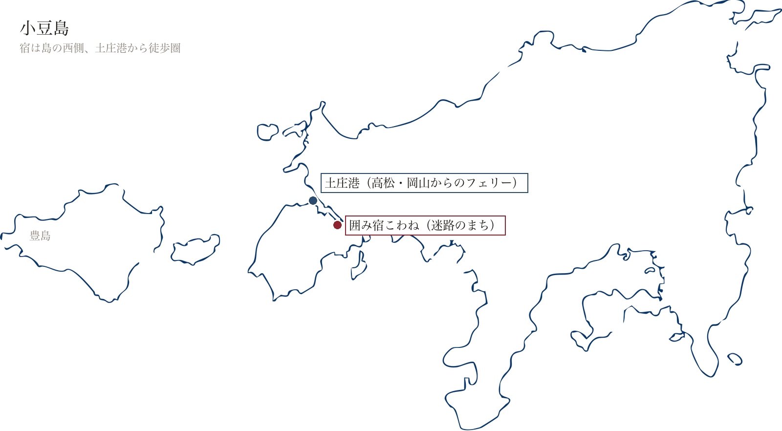 小豆島の地図。土庄港と囲み宿こわねの位置